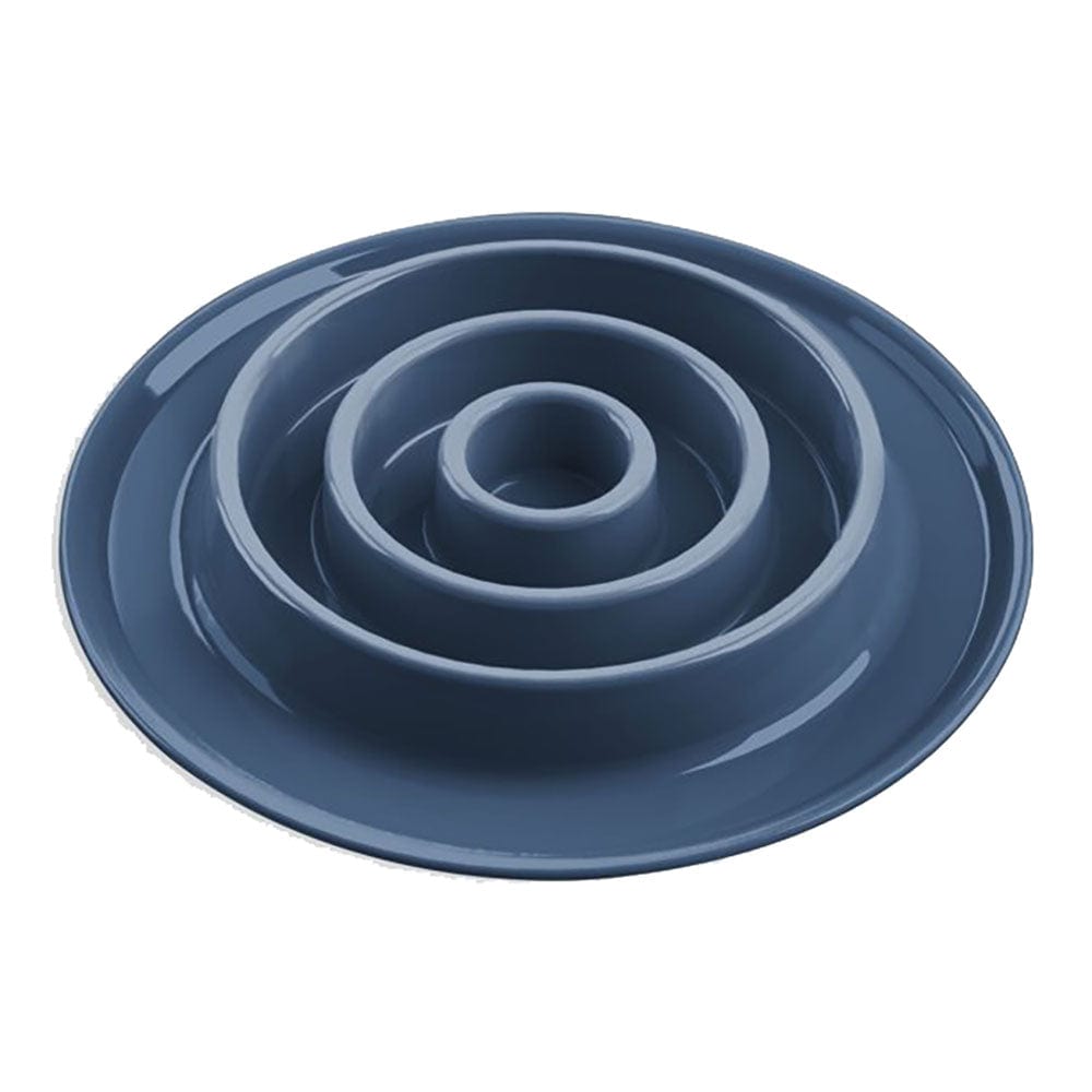 angled view of a concentric shape in blue slow feeder showing the different sized circles in the puzzle