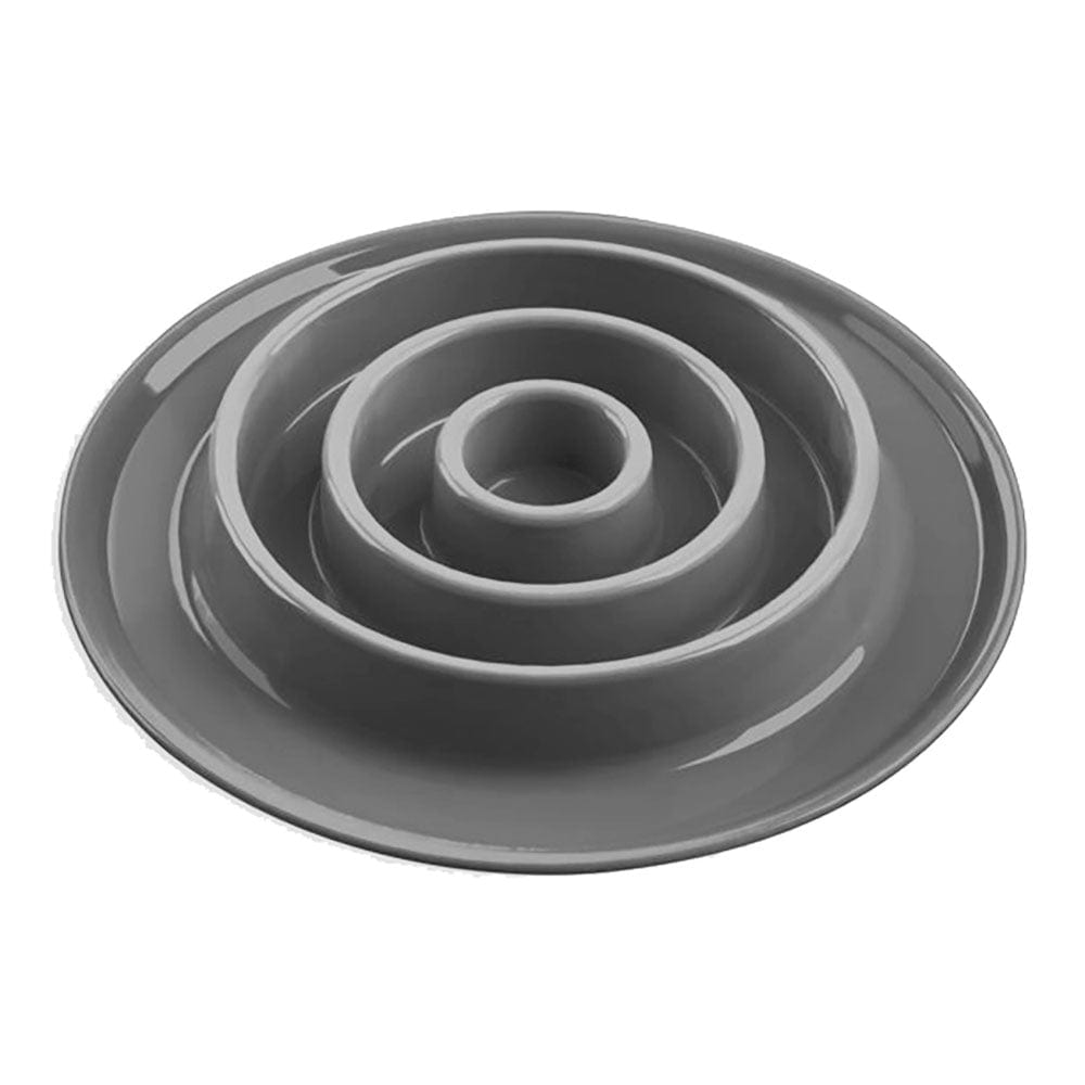 angled view of a concentric shape in grey slow feeder showing the different sized circles in the puzzle